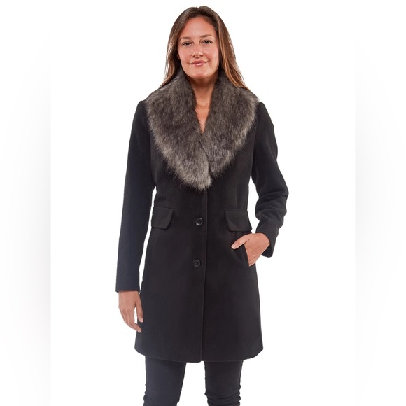 Women's Faux-Fur Trim Walker Coat Black Small - Picture 1 of 1